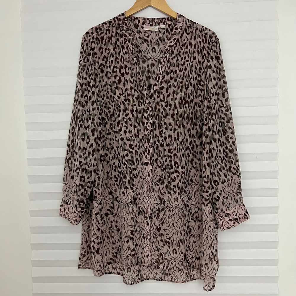Belle‎ by Kim Gravel 3X Animal Print Damask Chiffon Tunic Blouse Mauve Brown